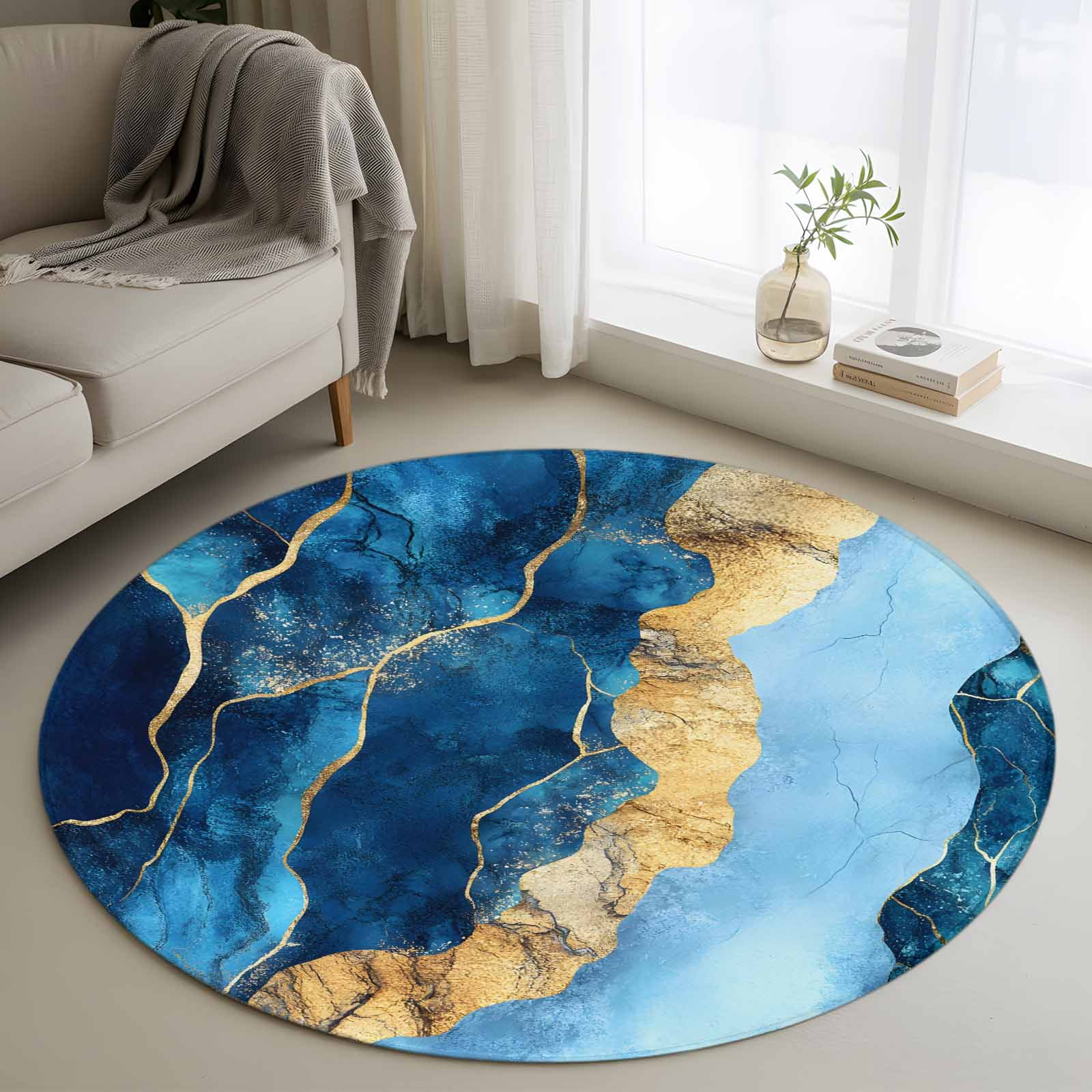 Round Area Rug 4ft Abstract Gradient Blue Marbling Non-Shedding Washable Area Rug Retro Golden Veins Ripple Non Slip Low-Profile Circle Rugs for Living Room Bedroom Dining Room