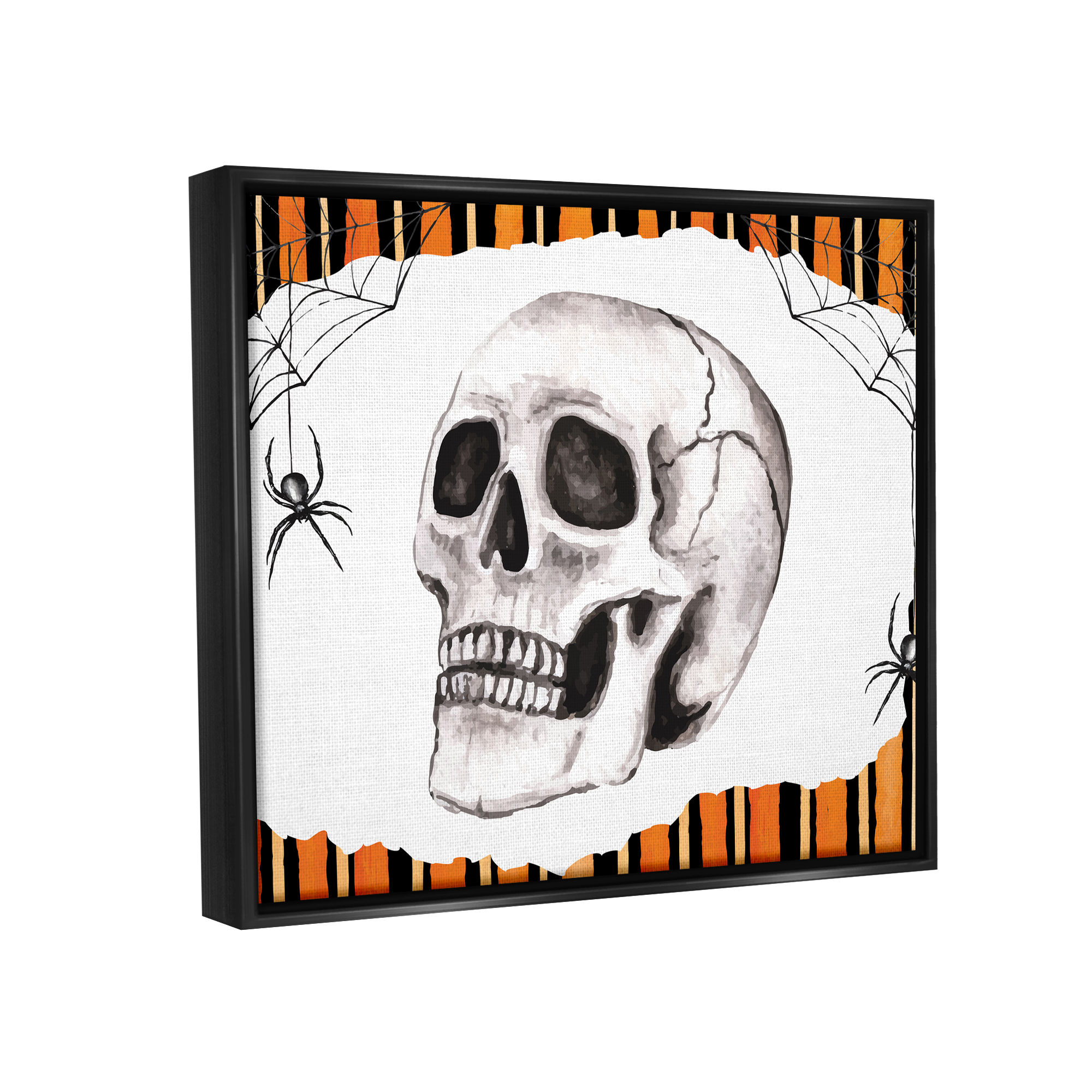 Stupell Industries Orange & Black Striped Skull Holiday Painting Black Floater Framed Art Print Wall Art