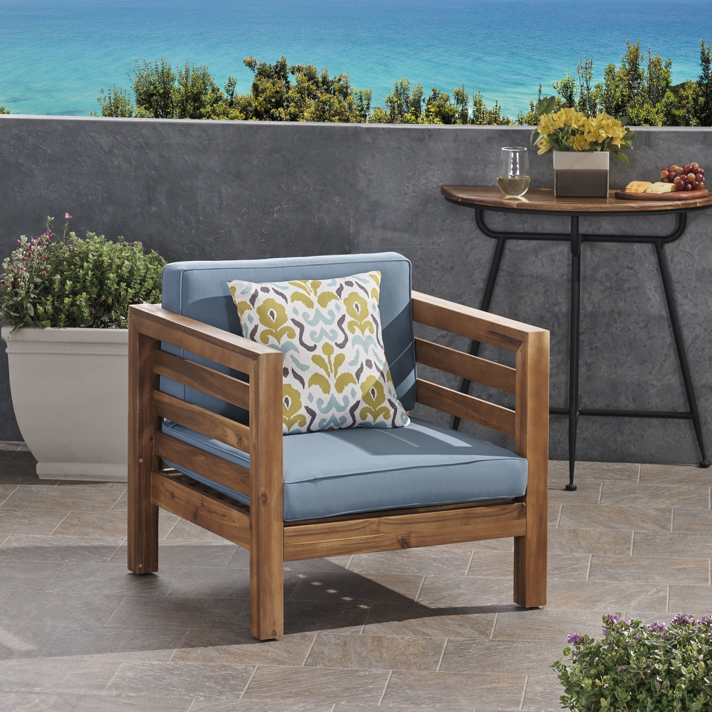 Euroco Outdoor Acacia Wood Club Chair with Waterproof Cushions, Mid-Century Modern Patio Lounge Chair for Backyard, Porch, or Garden