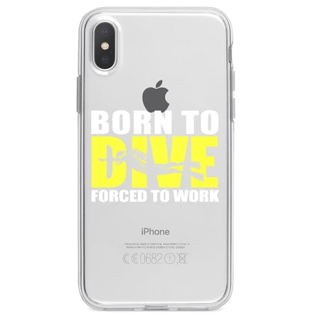 DistinctInk Clear Shockproof Hybrid Case for iPhone XR (6.1 Screen) - TPU Bumper Acrylic Back Tempered Glass Screen Protector - Born to Dive Forced to Work