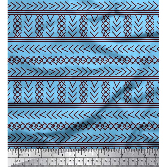 Soimoi Blue polyester Crepe Fabric Aztec Geometric Printed Craft Fabric by the Yard 42 Inch Wide