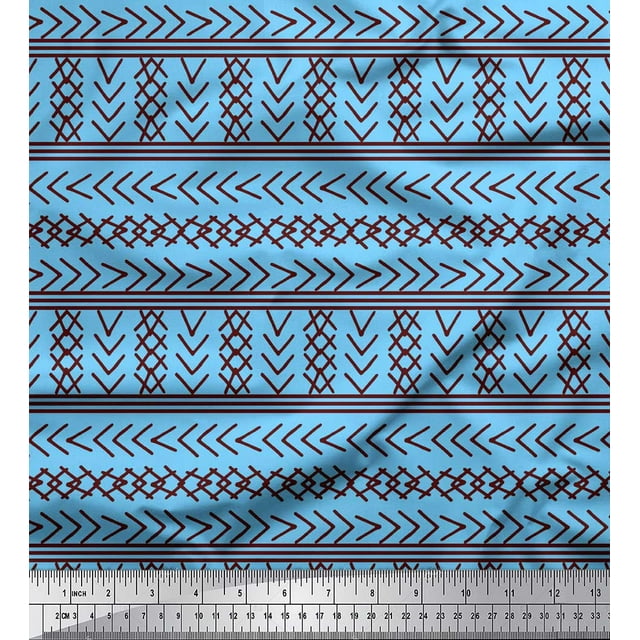 Soimoi Blue polyester Crepe Fabric Aztec Geometric Print Sewing Fabric Yard 52 Inch Wide