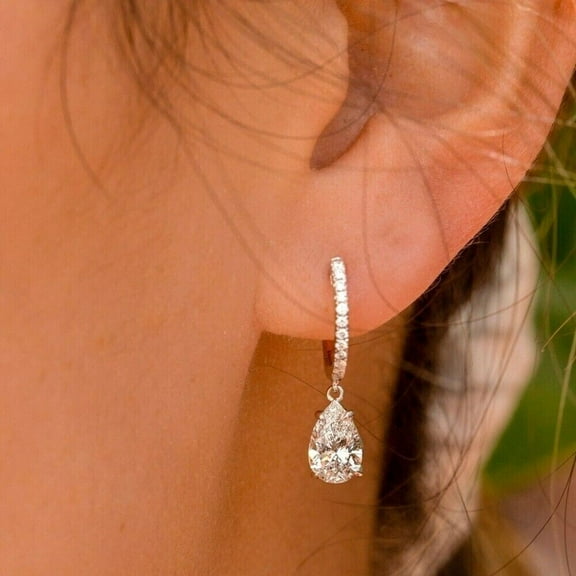 3Ct Pear Cut Lab Created Diamond Clip On Drop & Dangle Earrings 14K White Gold Plated 925 Silver
