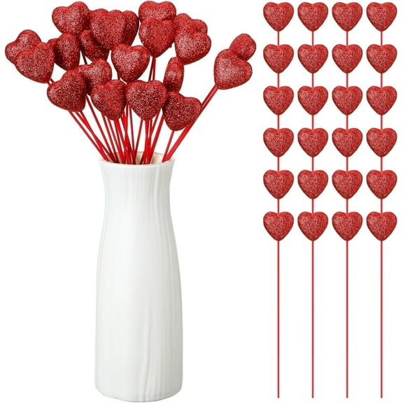 Tutuviw 20 Pcs Valentine's Day Glitter Foam Hearts Sticks,Foam Heart Picks,Sparkly Hearts Styrofoam Stems,Puffy Heart Wooden Picks for Wedding Decorations Flower Arrangements Crafts (Red)
