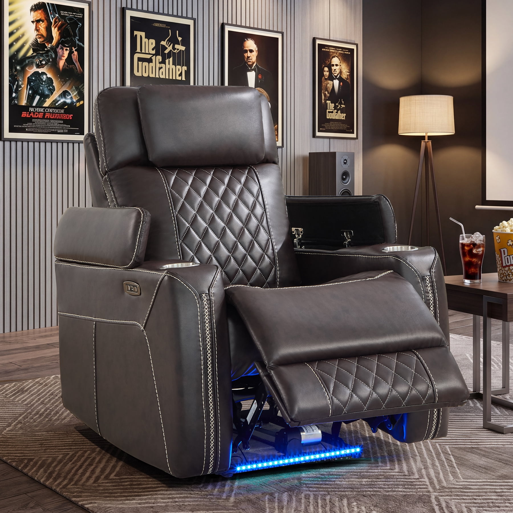 Ebello Dual Motor Power Recliner Chair, Faux Leather Electric Reclining Chair with LED Light Strip, USB Port, Cup Holders & Hidden Storage, Oversized Headrest for Home Theater, Brown