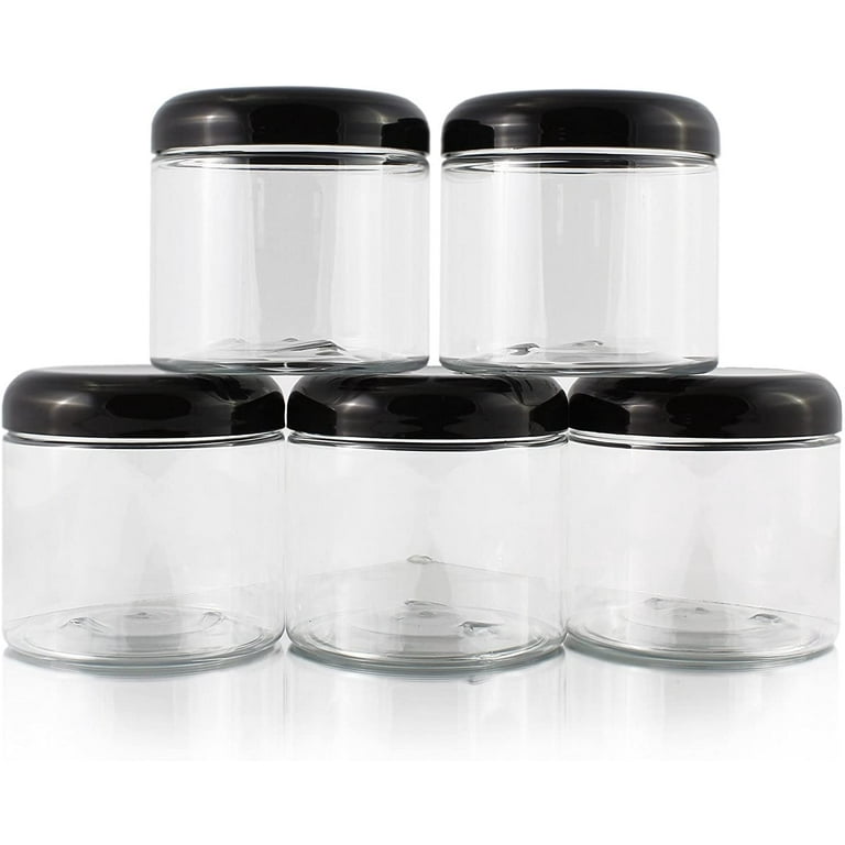6 Clear Low Profile PET Plastic Empty Cosmetic Jars & Spoons 4 Oz