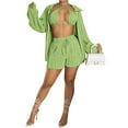 thumbnail image 6 of Xuanfei Women Ruched Design Lace Up Shorts Flare Sleeve Top 3 Piece Sets Swimsuit, 6 of 7