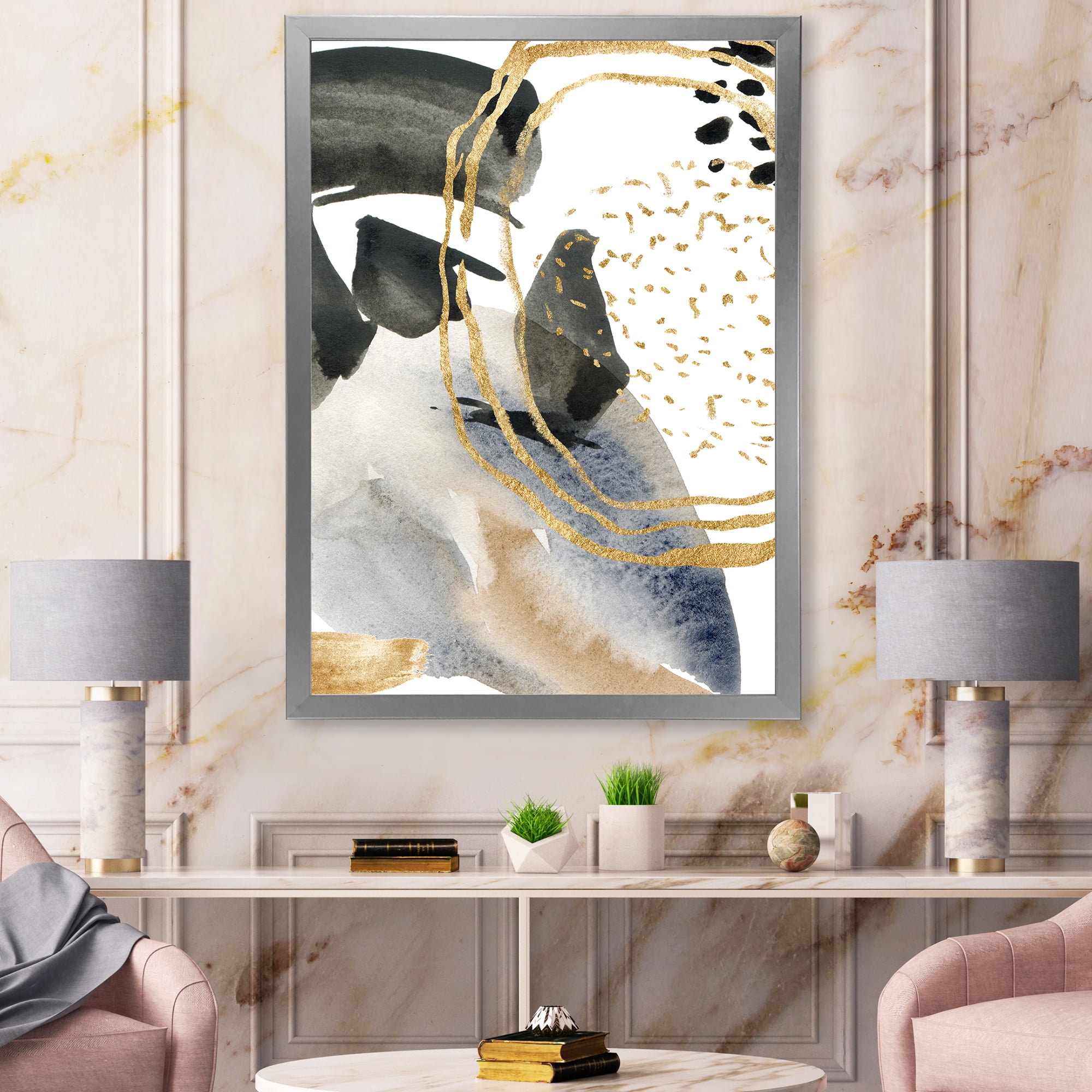 Designart 'Pastel Abstract With Black Blue Beige and Gold Spots' Modern Framed Art Print