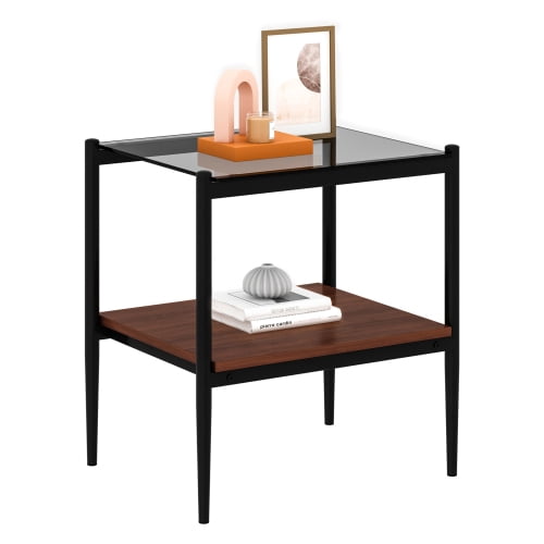 MOONMISS 2 Pack Rectangle End Table, Tempered Glass Top Side Table with MDF Frame, Modern Transparent Glass Accent Table for Living Room, Bedroom, Home Decor, Brown/Black