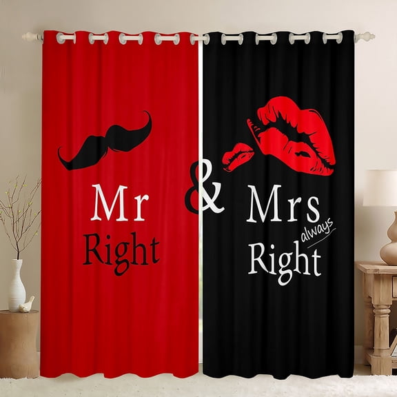 Manfei Mr Mrs Black Out Curtains,Couple Valentine Day Curtains Pack of 2 (42x63 Each),Red Black Bedroom Curtains For Men Women,Ultra Soft Home Decor