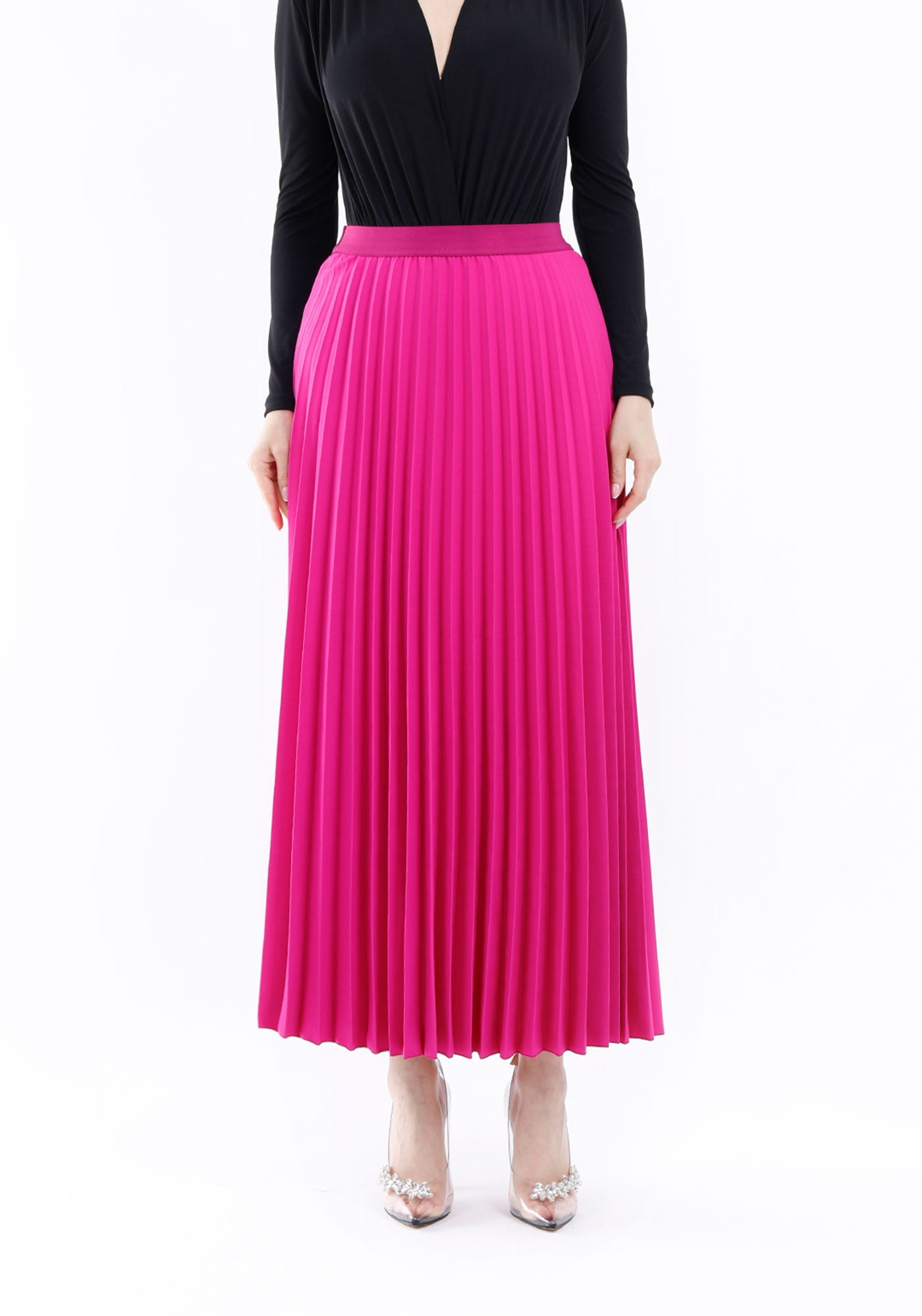 Fuchsia Pleated Maxi Skirt Elastic Waist Band - Walmart.com