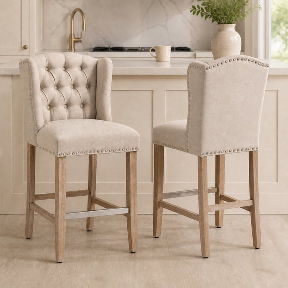 HOMCOM Counter Height Bar Stools Set of 2 with Wood Legs, Beige