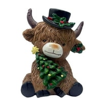 jicheng Christmas Highland Cow Statue Decoration Resin Table Ornament Home Accent for Entrance Coffee Table Office Family Living Room Christmas Tree