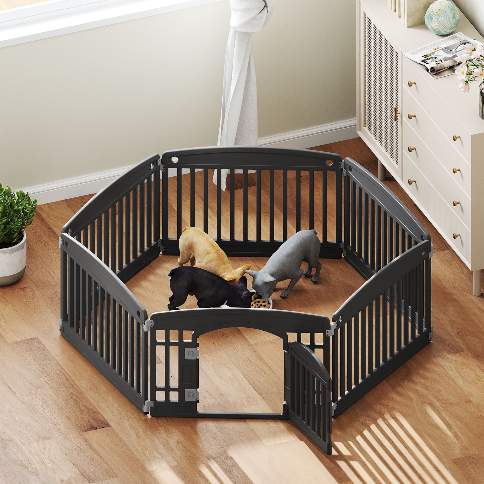 CONCETTA 24 Inch 6-Panel Portable Dog Playpen for Indoor, Plastic Lightweight Indoor Puppy Pen with Door, Customizable, Black