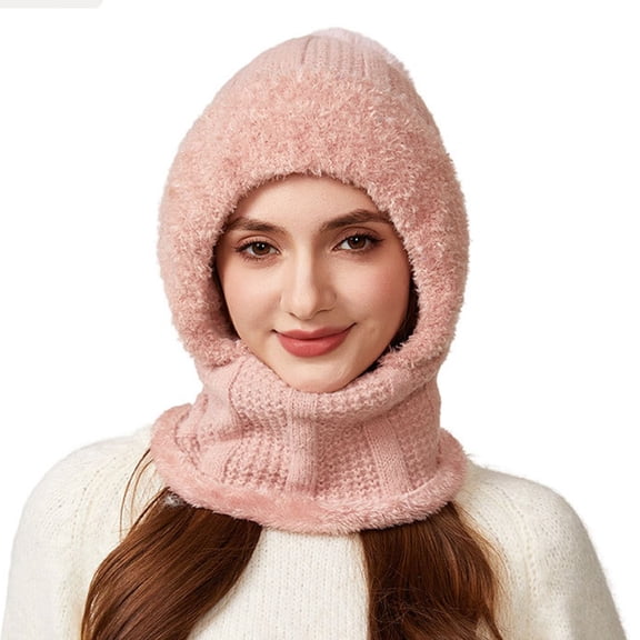WZXFASHION Ribbed Knit 3-in-1 Hat Scarf Ear Flap Combo Winter Hat for Women and Men Pink One Size