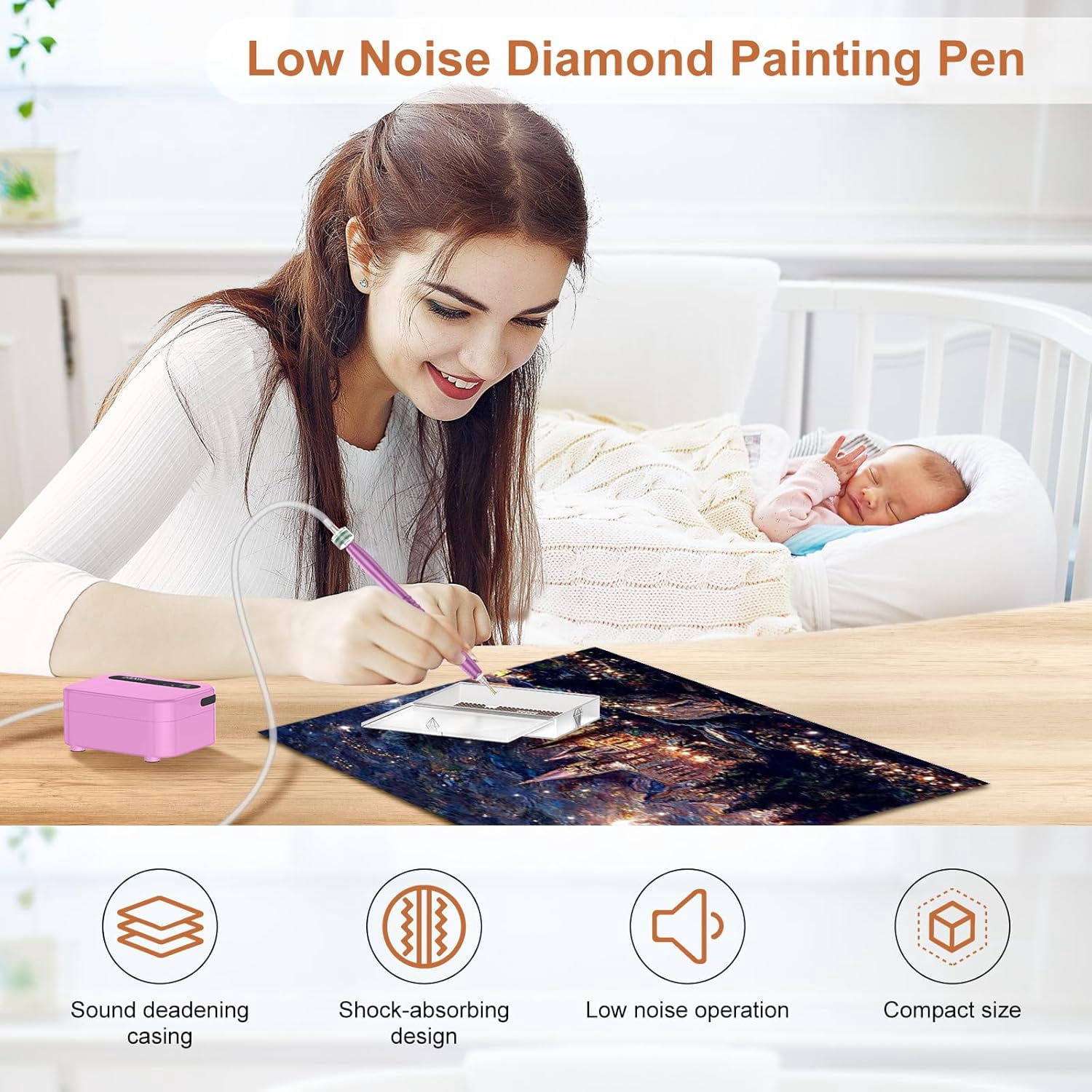 Diamond Art Painting Pen, 1500mAh Rechargebale Vacuum Diamond Art Pen Kits for Adults with USB Charge, Electric Diamond Art Accessories Tools with Storage Tray, 3 Mode Suction and Low Noise (Pink)