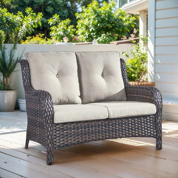 Gymojoy Outdoor PE Wicker Loveseat,Patio Rattan 2-Seater Counch Sofa with Non-Slip Cushion and Deep Seating High Back,Beige