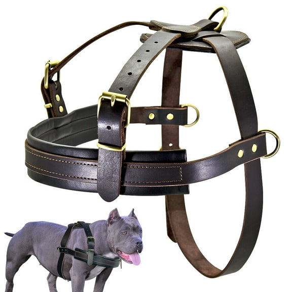 Large Dog Training Harness Soft Padded Heavy Duty Genuine Leather Extra Big Dog Weight Pulling Harnesses Vest Pitbull Rottweiler Mastiff