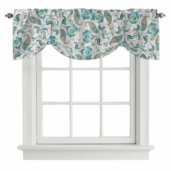 Teal Paisley Floral Tie Up Valance Curtains for Windows, Kitchen Curtains Window Shades, Boho Ethnic Tribe Traditional Light Filtering Roman Curtain Valances for Bedroom/Bathroom/Cafe 60"x18"