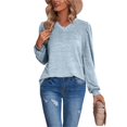 thumbnail image 1 of Camiseta básica azul claro para mujer, color puro, talla L, camisa abullonada de manga larga con cuello en V, 1 of 6