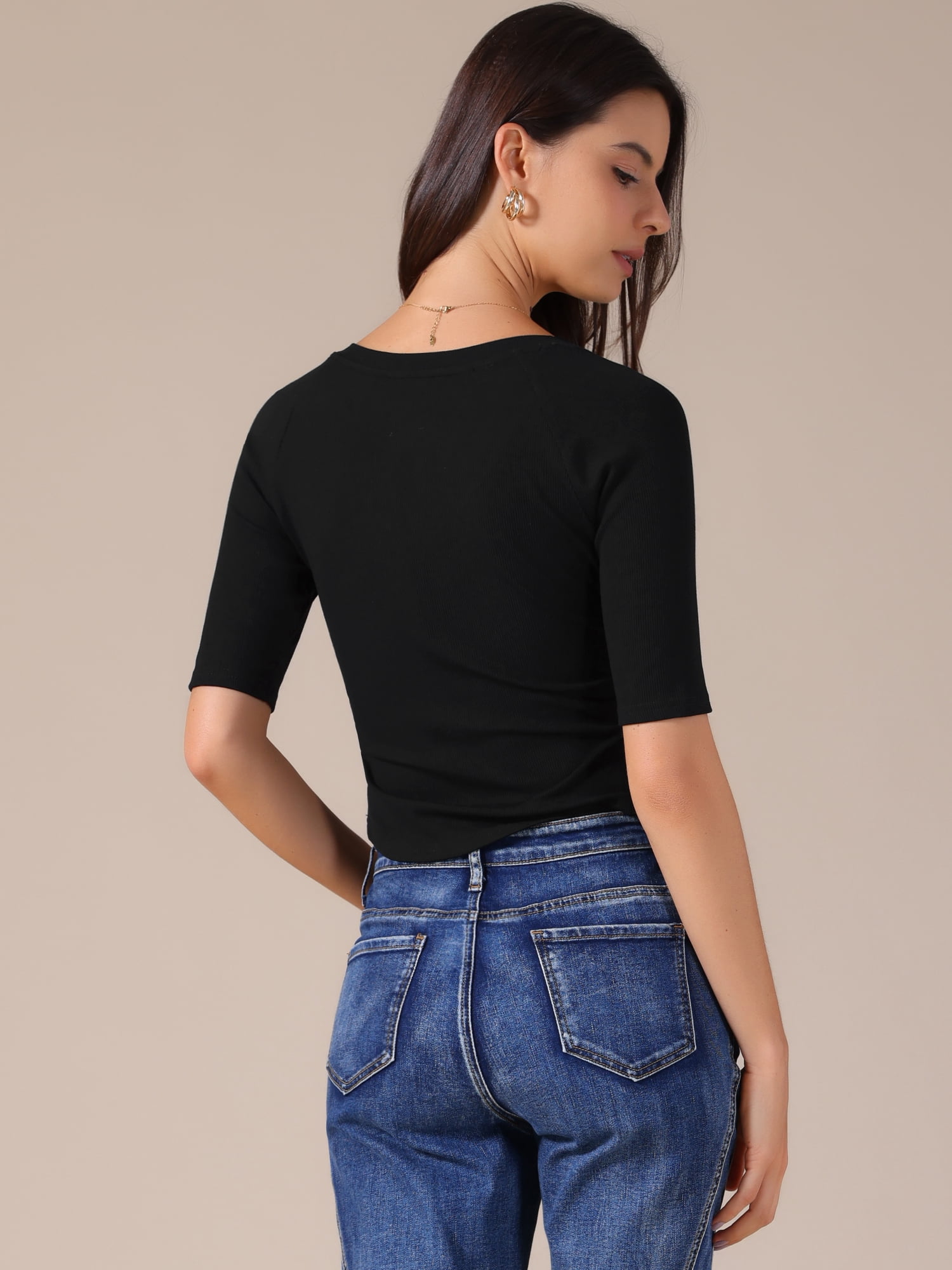 DARING DIVA Women's V Neck Short Sleeve Stretchy Lightweight Casual T-Shirt S Black