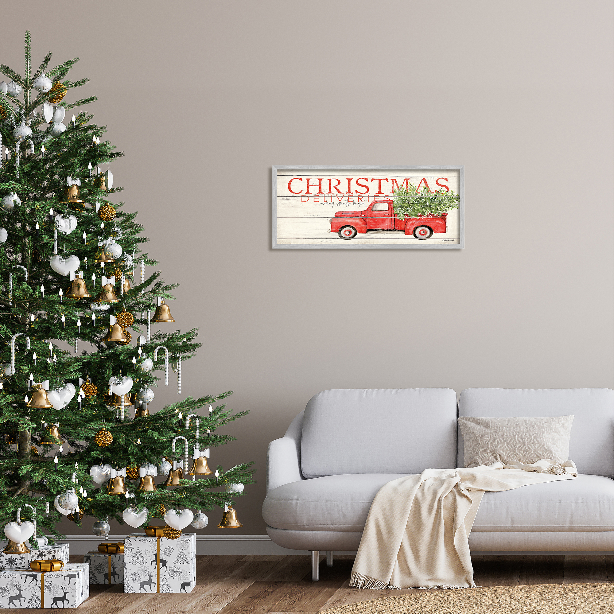 Stupell Industries Christmas Deliveries Red Truck Holiday Painting Gray Framed Art Print Wall Art