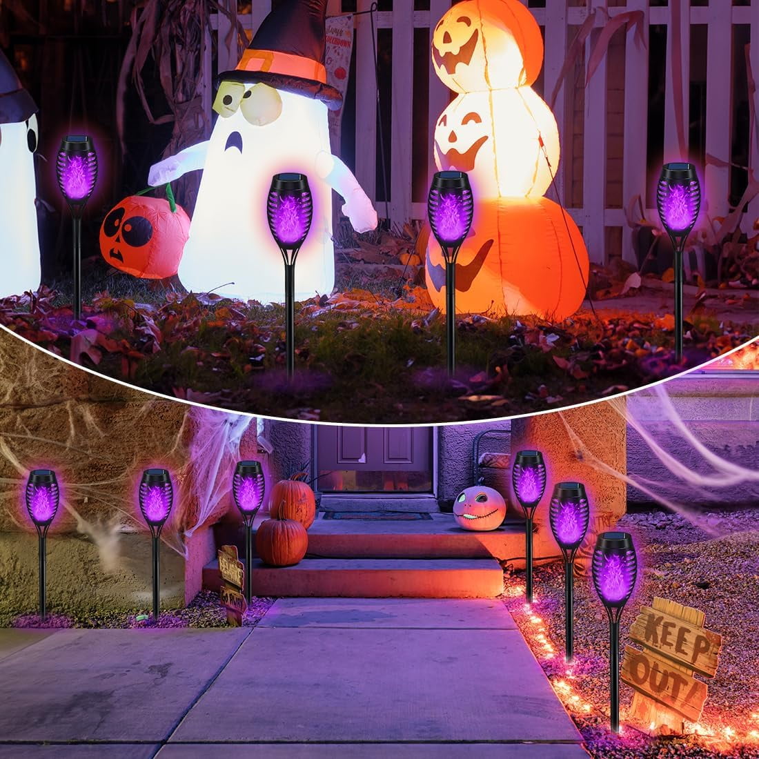 Halloween Decorations Outdoor, Purple Halloween Solar Lights with Flickering Flame, Solar Torch Lights for Yard Decorations, Waterproof Outdoor Lighting for Garden Pathway Patio Outside Decor