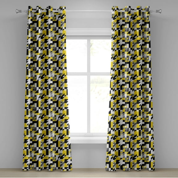 Ambesonne Yellow White Grommet Curtain, Squares and Houndstooh, 50" x 108", Yellow Grey Black