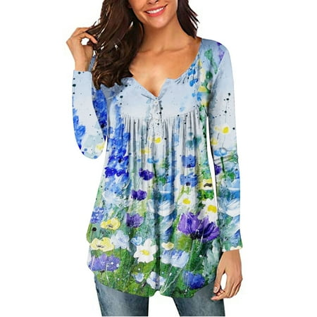 

Juebong Women s Long Sleeve Pleated Sweatshirts Vintage Button Down Tunic Tops Henley V Neck Swing Shirts Floral Print Ruffled Hem Blouses Loose Fit Workout Pullover Tops
