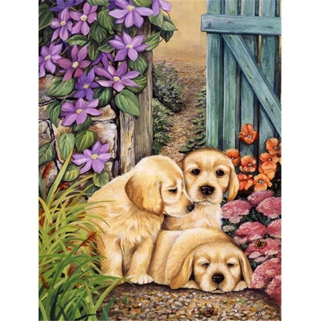 Yellow Labrador Puppies by Lesley Hallas Flag Canvas House Size