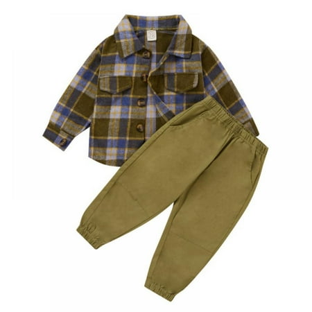 

2pcs/set Baby Boys Toddler Infant Green Flannel Plaid Shirt Elastic Waist Pants Casual Long Sleeve Shirts Trousers Outfits Set