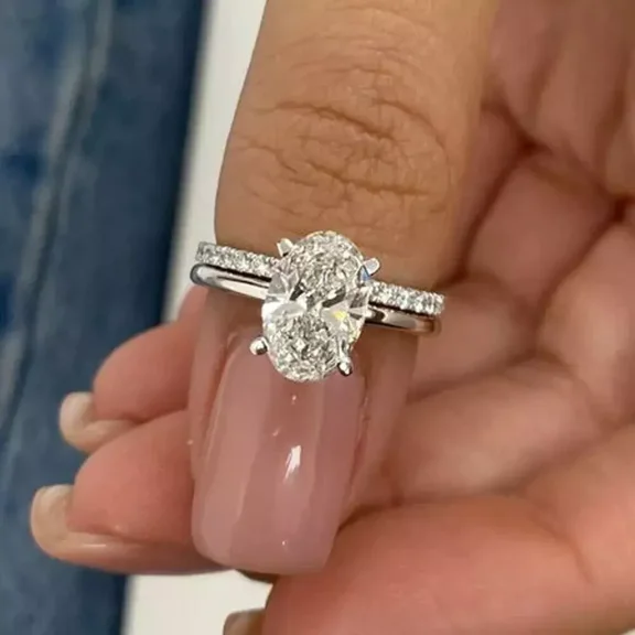 2.16 TCW Oval Cut Moissanite Bridal Set Engagement Ring 14k White Gold Plated
