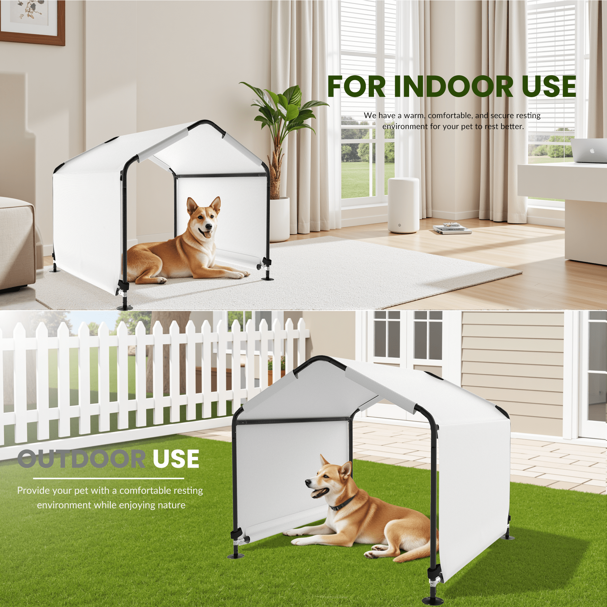 Outdoor Dog Shade Shelter 4'x4'x3' Portable Dog Tent Sun Rain Canopy for Outside Pet House for Large Medium Dogs, Cats, Pigs w/ Waterproof Roof, Ground Nails, White