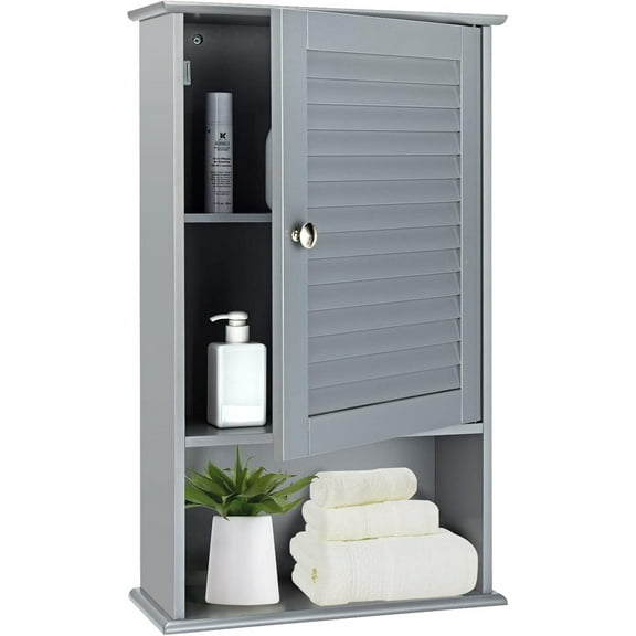FGYRYK Bathroom Wall Cabinet, Modern Wall Mounted Storage Cabinet with Louver Door & Adjustable Shelf, Wooden Medicine Cabinet with Large Capacity for Bathroom, Living Room, Kitchen (Grey)