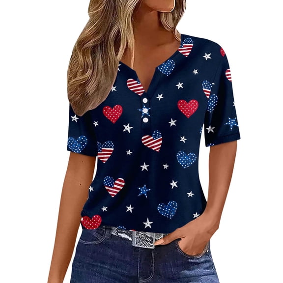 CONZONE 4Th Of July Womens T-Shirts Short Sleeve Independence Day T Shirts for Women Casual V Neck Patriotic America Flag Graphic Lightweight Tees Soft Cozy Tops