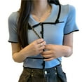 thumbnail image 4 of Blouse Tricotée à Boutons, Manches Courtes, Col Rabattu, pour Femmes, Été, Rendez-Vous, 4 of 8