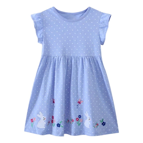 Bainana Toddler Girls Easter Summer Dress Polka Dot Bunny Print Ruffled Sleeve Crew Neck Dresses Fashion Lightweight Little Girls Easter Outfits Blue Size 18-24 Months