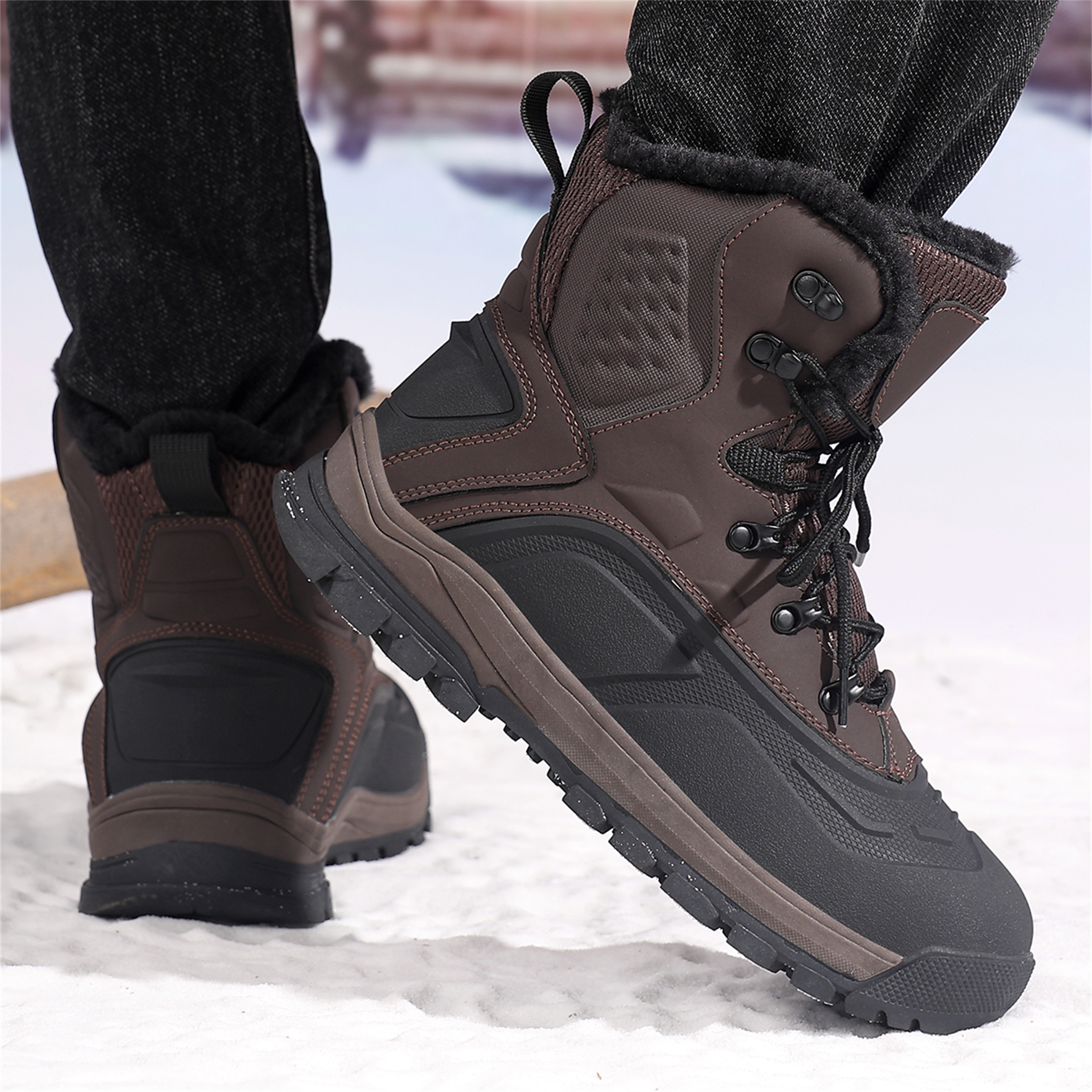 YOURDIARY Men's Ankle-High Waterproof Hiking Boots Snow Boots Outdoor Shoes Trekking Trails Faux Fur Lined