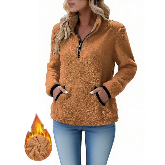 Pincandy Fleece Sweatshirts for Women Quarter Zip Pullover Solid Color Stand Collar Sweatshirt Fall Warm Pullover with Pocket