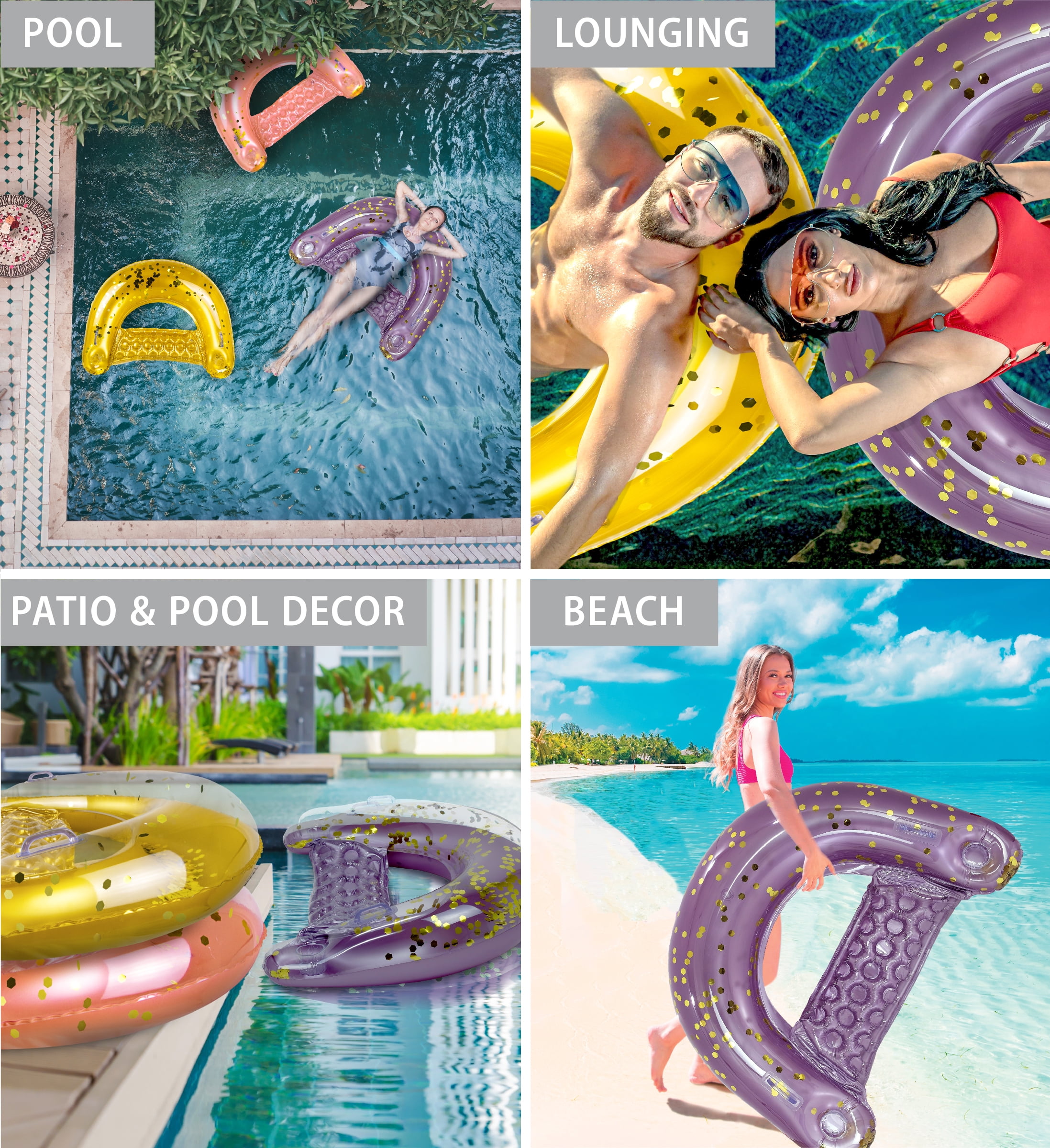 POZA Inflatable Pool Float Chair - Sparkle Confetti Lounge Inflatable Pool Floats, 2 Built-In Cup Holders and Handles, Adult Lounger Floating Chair for Beach, Lake - 48x38 Inches - Purple Gold