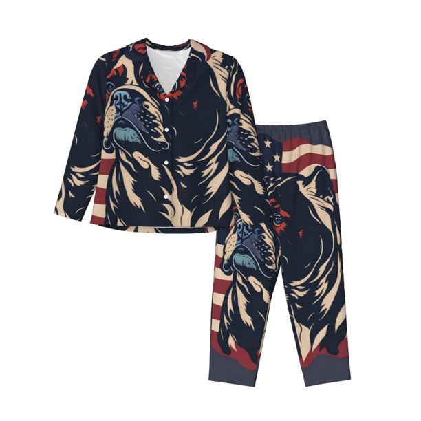 Fotbe Patriotic Bulldog Art Conjunto de Pijama de Manga Larga para Mujer con Estampado, Ropa de Dormir de 2 Piezas, Conjunto de Casa Suave y Cómodo con Bolsillos-Large