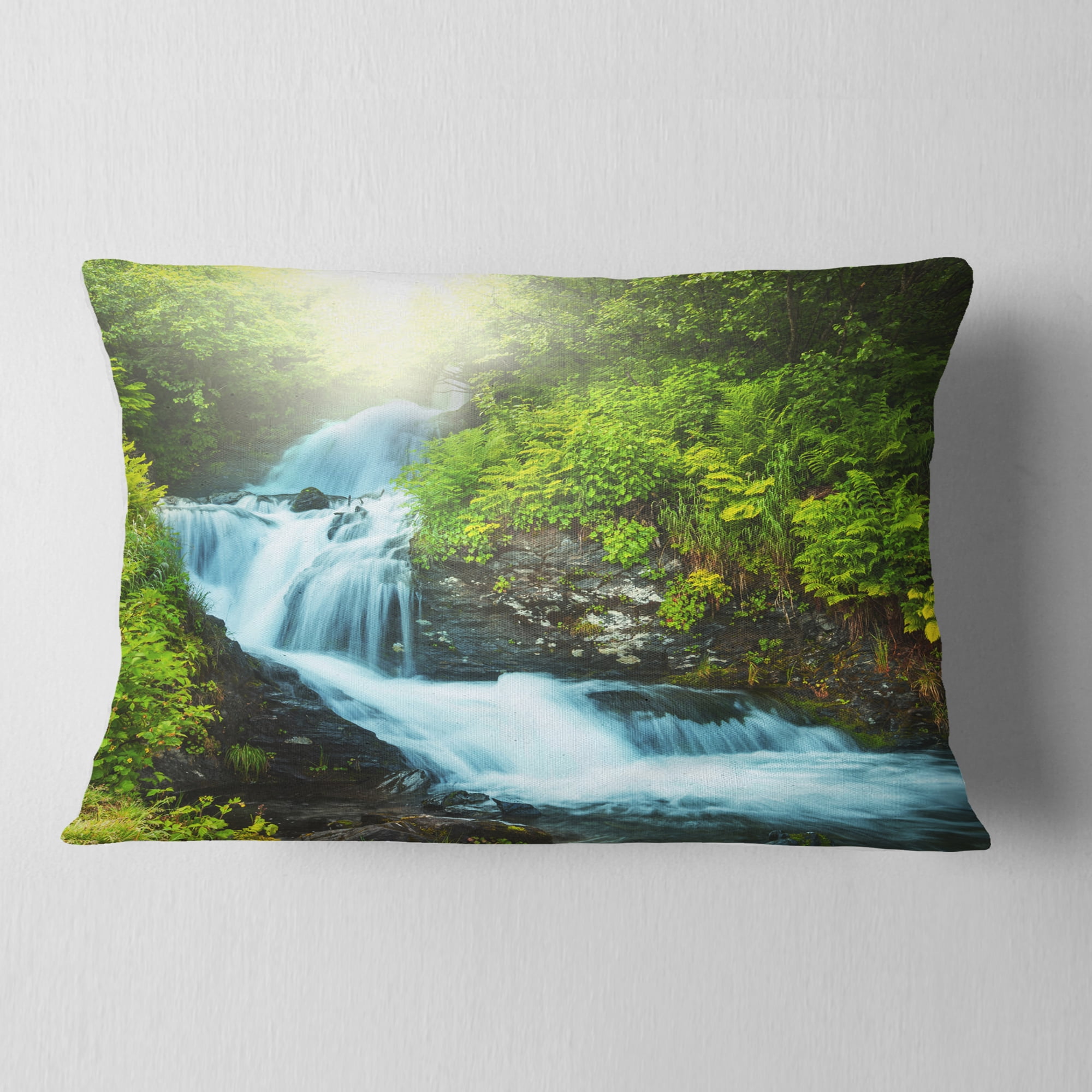 Designart Wonderful Creek in Green Forest - Landscape Printed Throw Pillow - 12x20