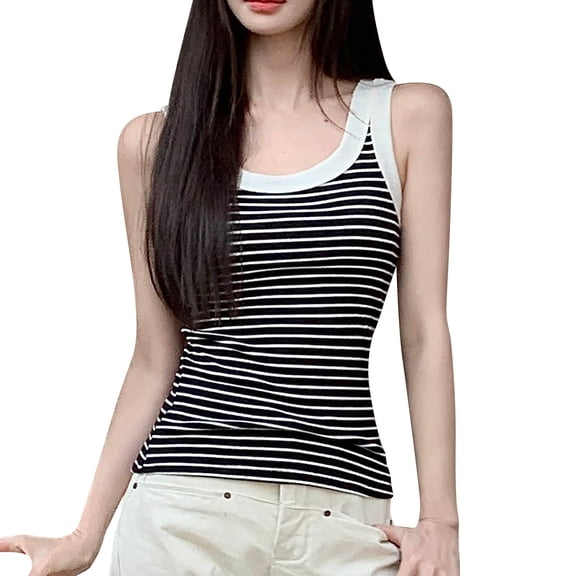 Wyobmus Women Striped Tank Tops Slim Fitted Scoop Neck Basic Tees Fashion Sleevless T Shirts Casual Cute Stretchy Tunic Tops Black