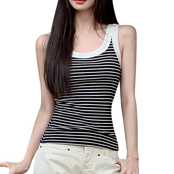 AKOEE Women's Striped Tank Tops Fitted Scook Neck Sleeveless Base Tees Soft Polyester Casual Workout Tshirts (M, Black)