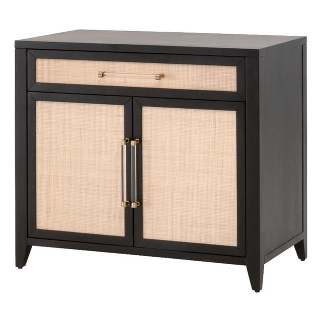 Pemberly Row Rattan Inlay Compact Wood Media Chest in Black/Natural