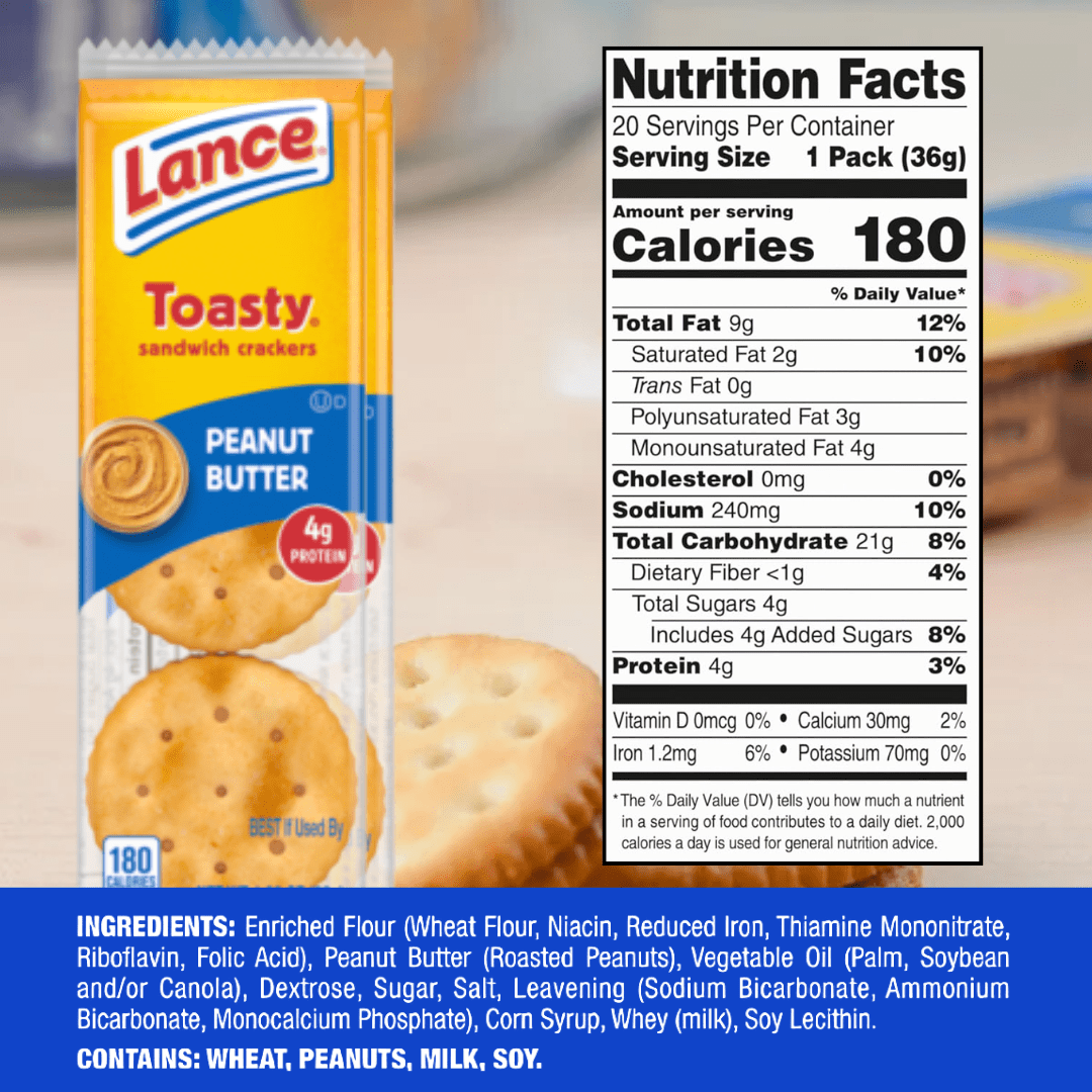 Lance Toasty Peanut Butter Sandwich Crackers, 40 Individual Snack Packs - Classic On-the-Go Snack for Lunches, Office & Travel