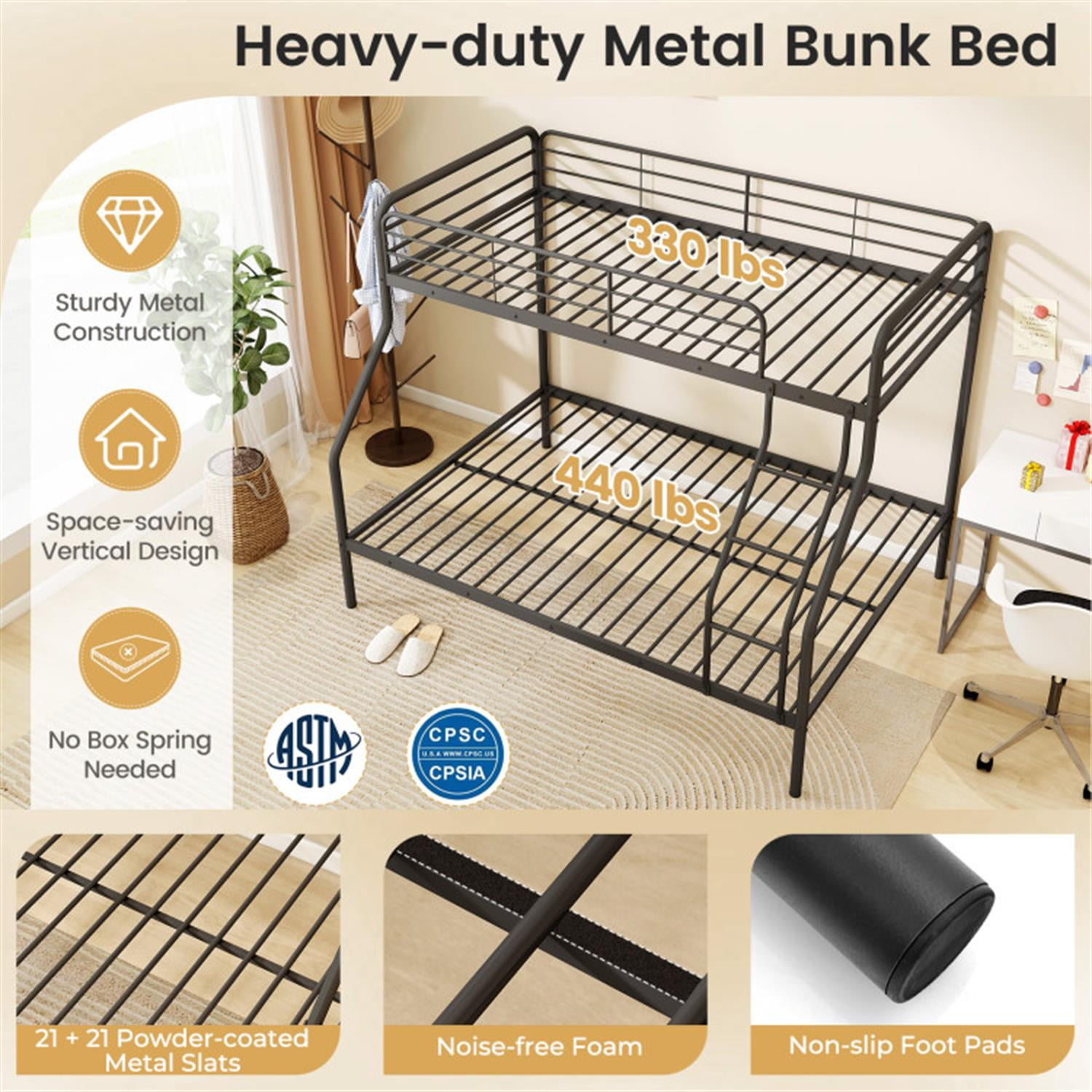 Demi Bonn Twin Over Full Bunk Bed with Ladder and Full-length Guardrails, Metal Bunkbeds for Bedroom, No Box Spring Needed, Black