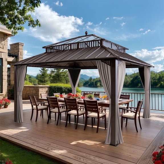 SUNJOY Kingston 14x12 Gazebo, Steel & PC Roof Hardtop Gazebo with Curtain and Netting - Brown Aluminum Posts