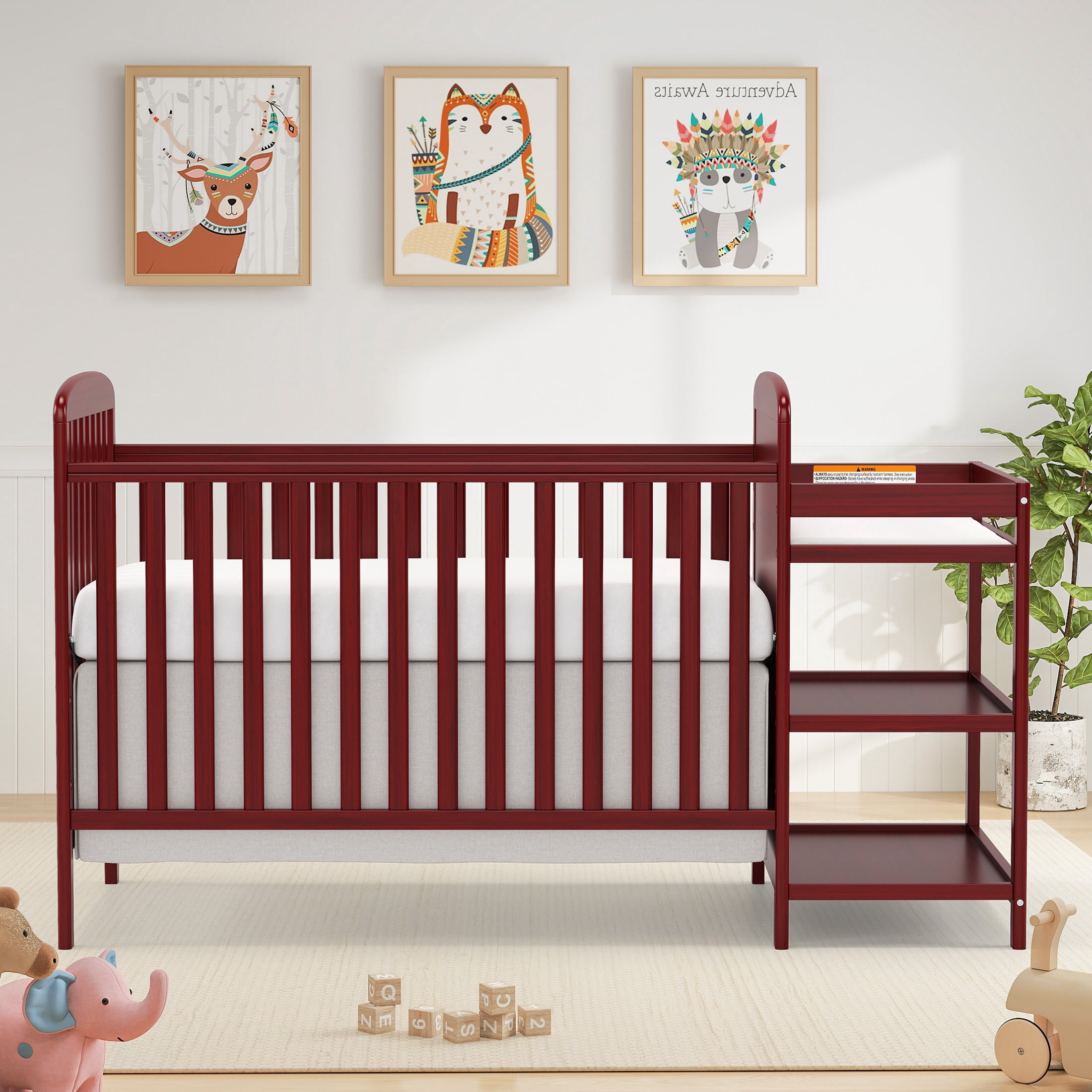 Conchico 3-In-1 Convertible Crib and Detachable Changer, New Zealand Pinewood Baby Crib, Toddler Daybed Bed with 3 Heights, Non-Toxic Finish, Easy to Assemble, Cherry