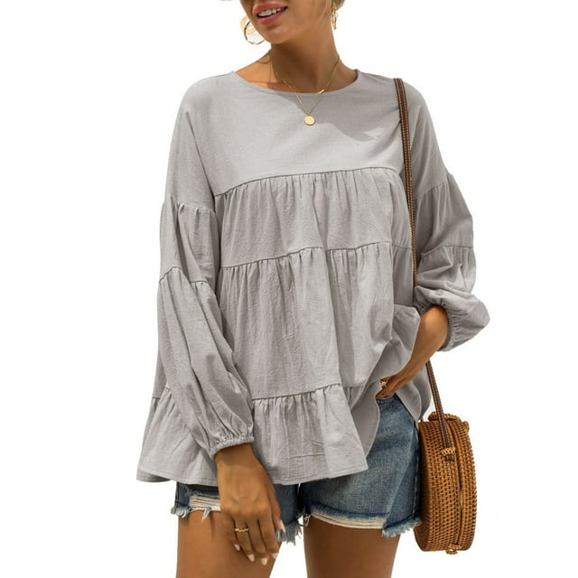 Mujeres de manga larga Top otoño mujer cuello redondo linterna mangas manga larga suelta casual color puro Top gris S